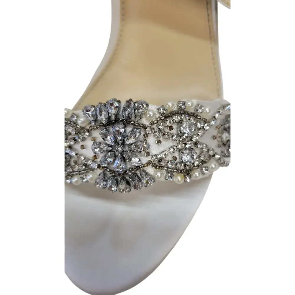 Embellished White Satin Ankle-Strap Heels
